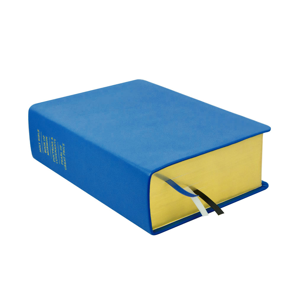 Large Blue LDS Scriptures | Leather Quad, Custom Name, Ribbon Qty